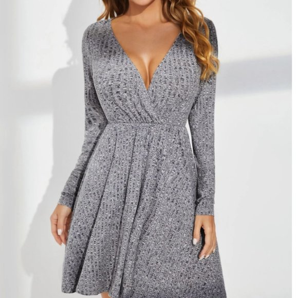 Gray V Neck Rib Knit Dress 50% OFF - Picture 3 of 6